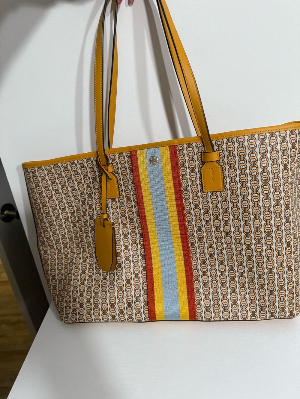 Tory Burch Yellow Stripe Canvas Tote Bag with Patterned Print